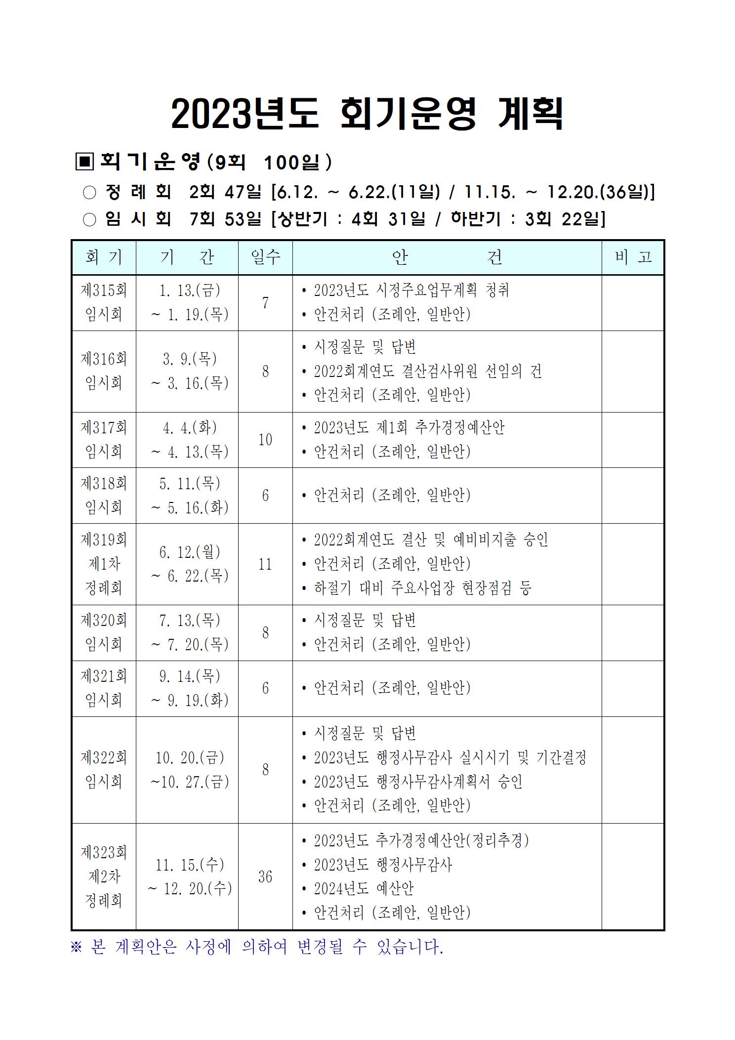  2023년도 광양시의회 회기운영 계획 